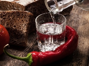 pepper, tomato, vodka, bread, glass