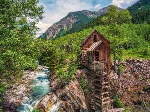 River, Windmill, Crystal Mill, Mountains, Colorado