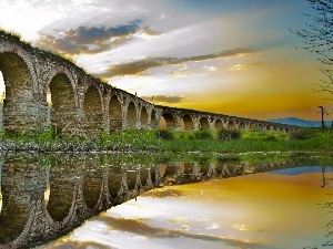 reflection, River, bridge