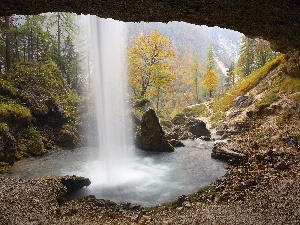 rocks, forest, cave, waterfall, Stones, height