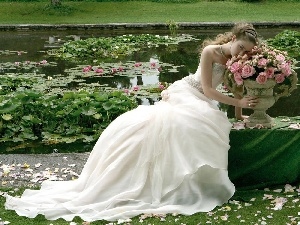lilies, roses, Pond - car, lady, water, young