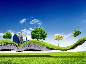 skyscrapers, viewes, grass, Book, clouds, trees