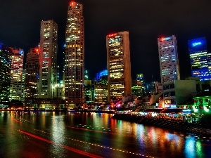 Asia, town, skyscrapers, Night, Singapur, View