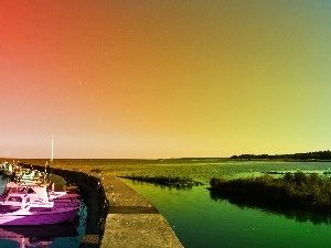 sun, west, Harbour, lake, motorboat