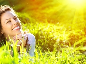 sun, rays, Women, relaxation, Meadow