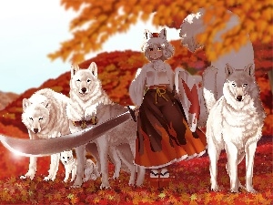 sword, wolves, Anime, girl