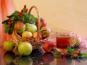 apples, tea, basket
