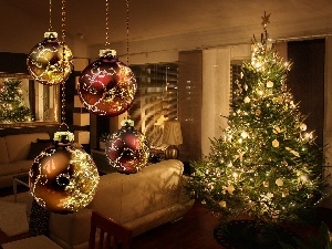 christmas tree, wine glass, Room, baubles, Sofa