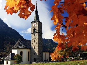 trees, church, Bavaria, viewes, Mountains