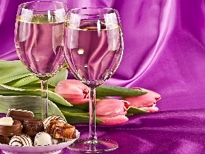 Tulips, Wines, Pink, Two, pralines, Lights