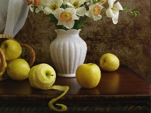Vase, apples, narcissus, basket