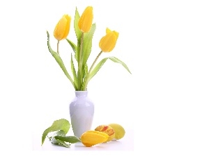 vase, White, Yellow, Tulips