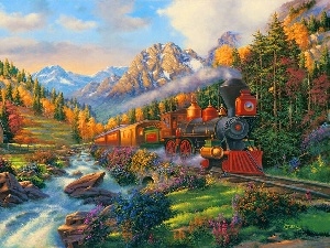 view, Mountains, River, Train