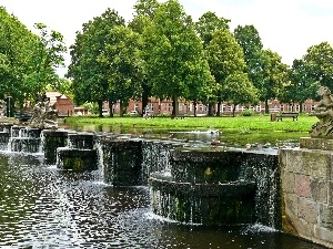 viewes, trees, fountain, Park, water