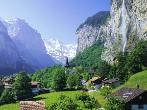 Switzerland, viewes, trees, Mountains, Lauterbrunnen, waterfall, Houses
