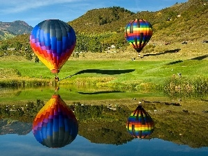 water, Balloons, Mountains, reflection, color