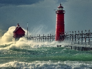 Waves, Storm, sea, Lighthouse