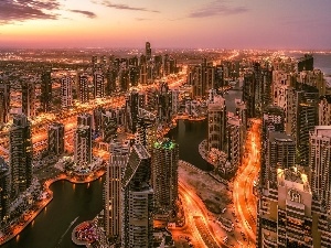 Dubaj, west, Bridges, skyscrapers, sun, clouds, roads