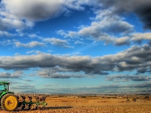 whale killer, cultivated, agrimotor, clouds, field