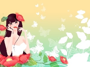 White, Flowers, lipstick, girl, butterflies, Red