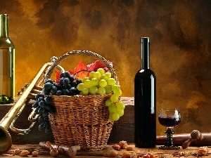 Wine, trumpet, basket, grapes
