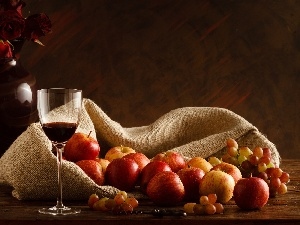 Wines, wine glass, apples, composition, Grapes