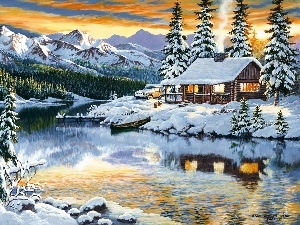 winter, Mountains, lake, house