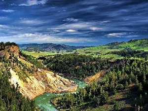 woods, Mountains, River, Sky, canyon